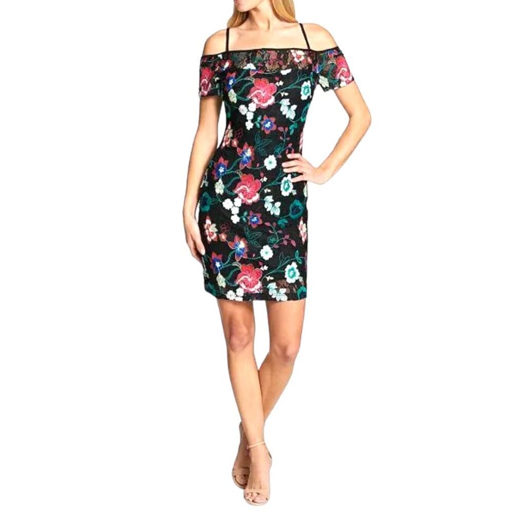 NWOT GUESS Lace Floral Off Shoulder Body con Mini 4 Black Multi